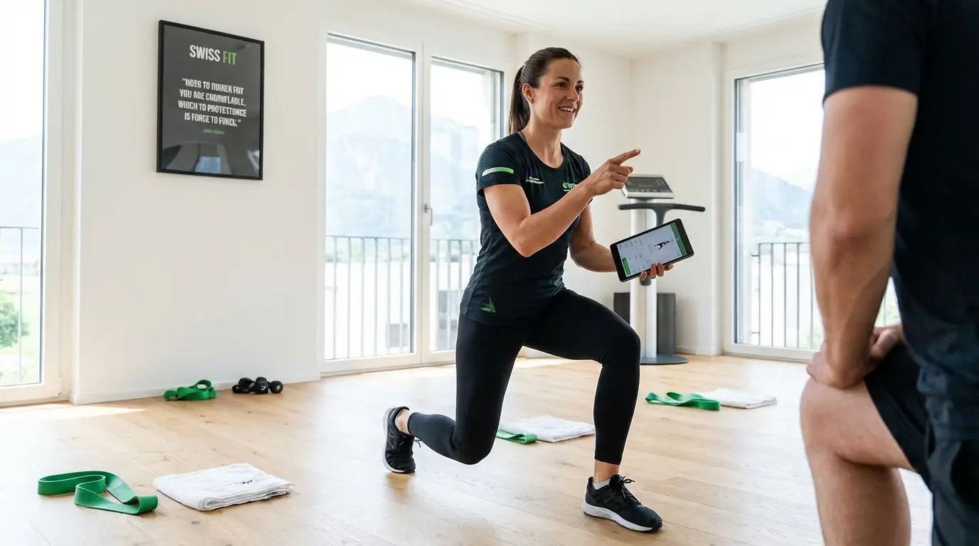 Personal Trainer Ausbildung Schweiz – Fitness Coach demonstriert professionelle Übungsausführung im modernen Studio
